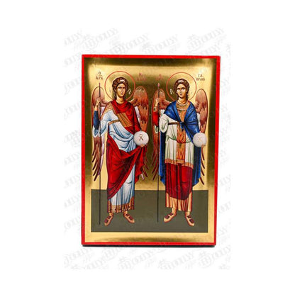 Archangels Michael and Gabriel Orthodox icon, gold-leaf serigraphy on canvas, two archangels with staffs and orbs of Christ