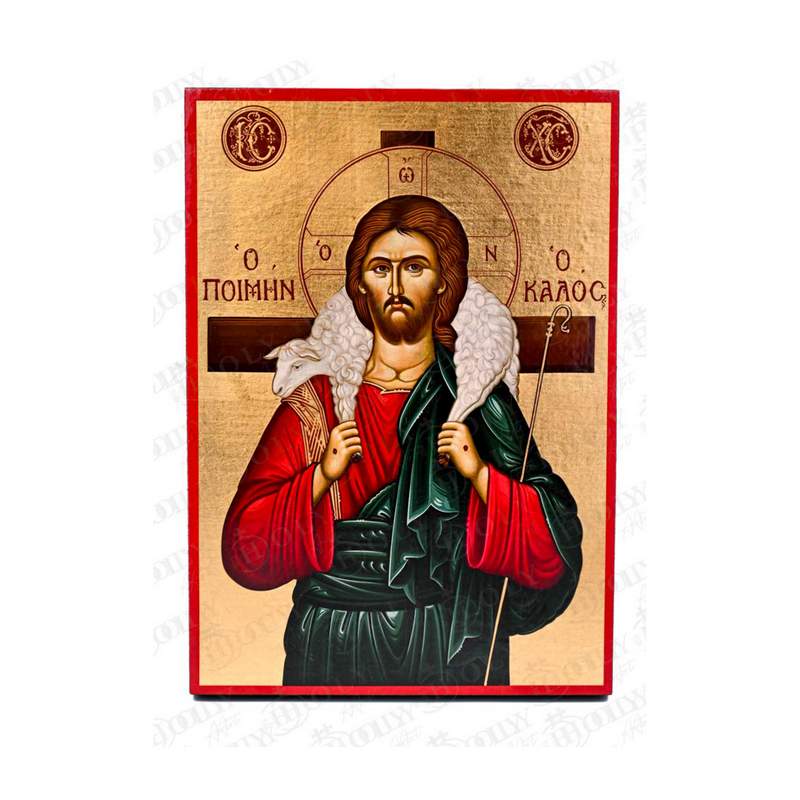 Jesus Christ The Good Shepherd Orthodox Icon, Serigraphy Canvas with Gold Leaf, Handmade Greek Byzantine Religious Wall Art