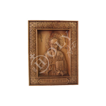 Saint Basil icon, Handmade Hand Carved Wooden Greek Orthodox icon of Basil the Great, Byzantine art wall hanging of St Basil of Caesarea on wood plaque - TheHolyArt