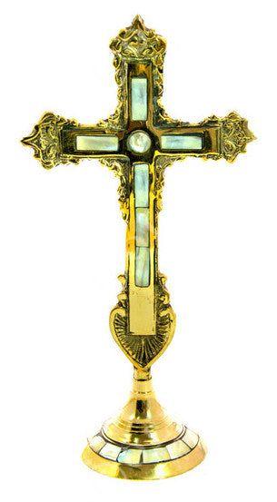 Standing Table Altar Crucifix, Brass Handmade Greek Orthodox Byzantine Gold plated Holy Cross - TheHolyArt