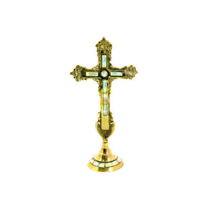 Standing Table Altar Crucifix, Brass Handmade Greek Orthodox Byzantine Gold plated Holy Cross - TheHolyArt