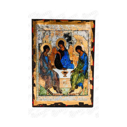 Holy Trinity Rublev Orthodox icon, serigraphy on canvas with gold leaf, three angels of Abraham's hospitality