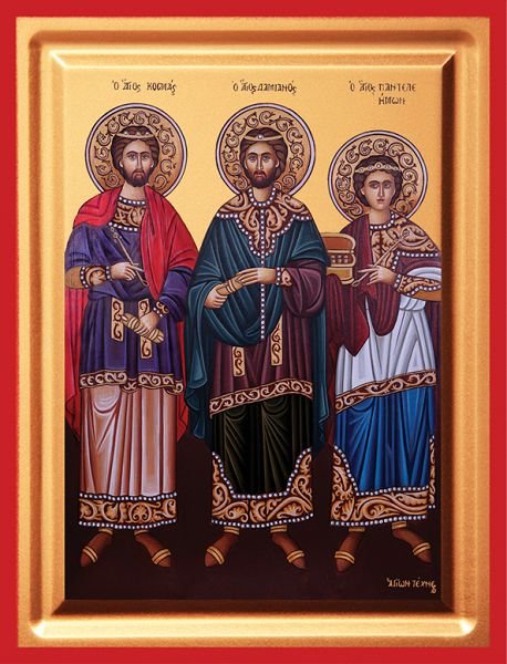 Saints Cosmas, Damian & Panteleimon - detail (carved wood)