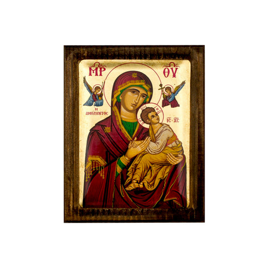 Virgin Mary icon Panagia Amolyntos, Gold Canvas Serigraphy Handmade Greek Orthodox icon of Our Lady Byzantine art wall hanging wood, religious plaque