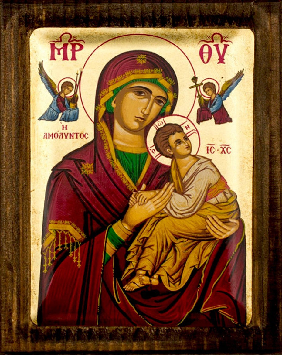 Virgin Mary icon Panagia Amolyntos, Gold Canvas Serigraphy Handmade Greek Orthodox icon of Our Lady Byzantine art wall hanging wood, religious plaque