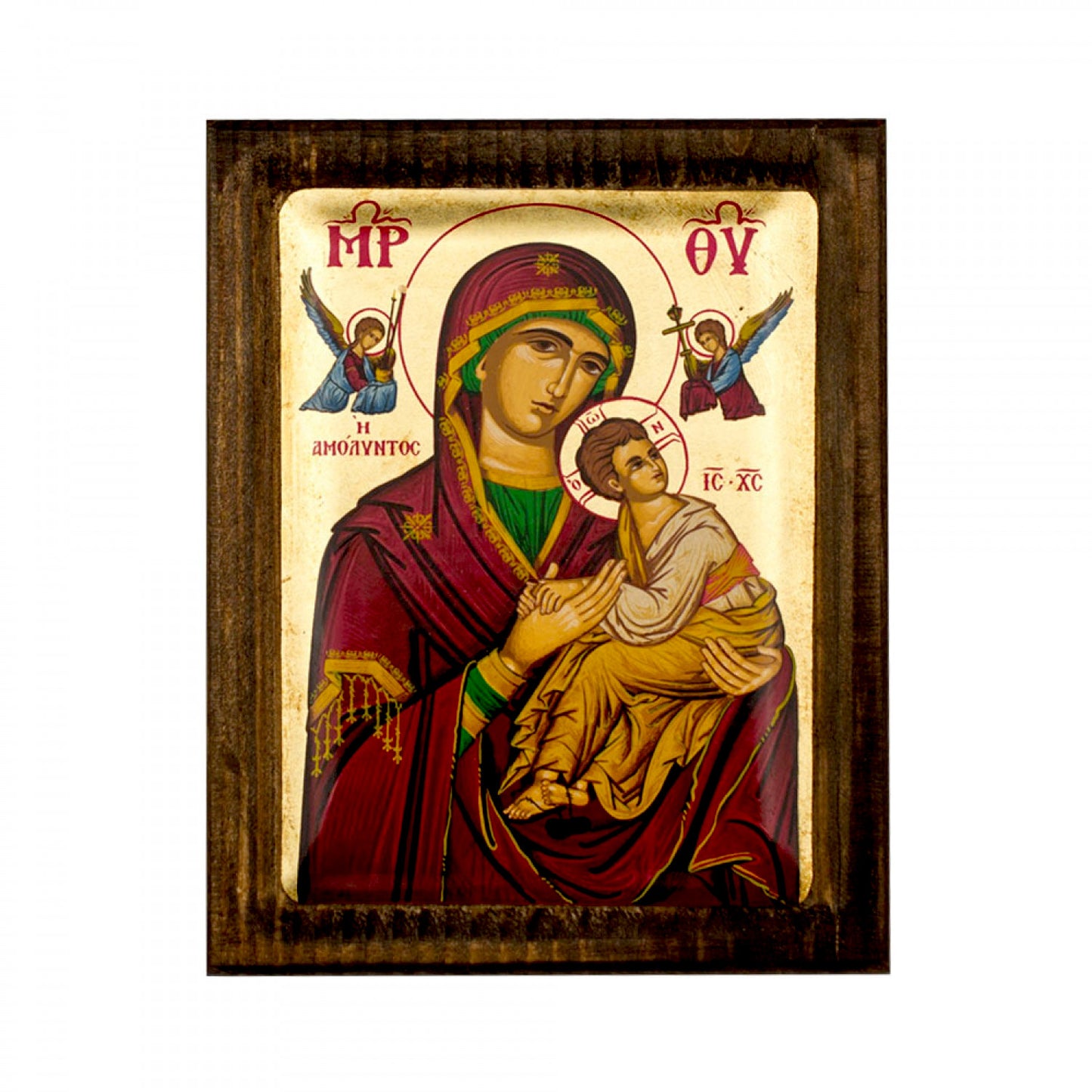 Virgin Mary icon Panagia Amolyntos, Gold Canvas Serigraphy Handmade Greek Orthodox icon of Our Lady Byzantine art wall hanging wood, religious plaque