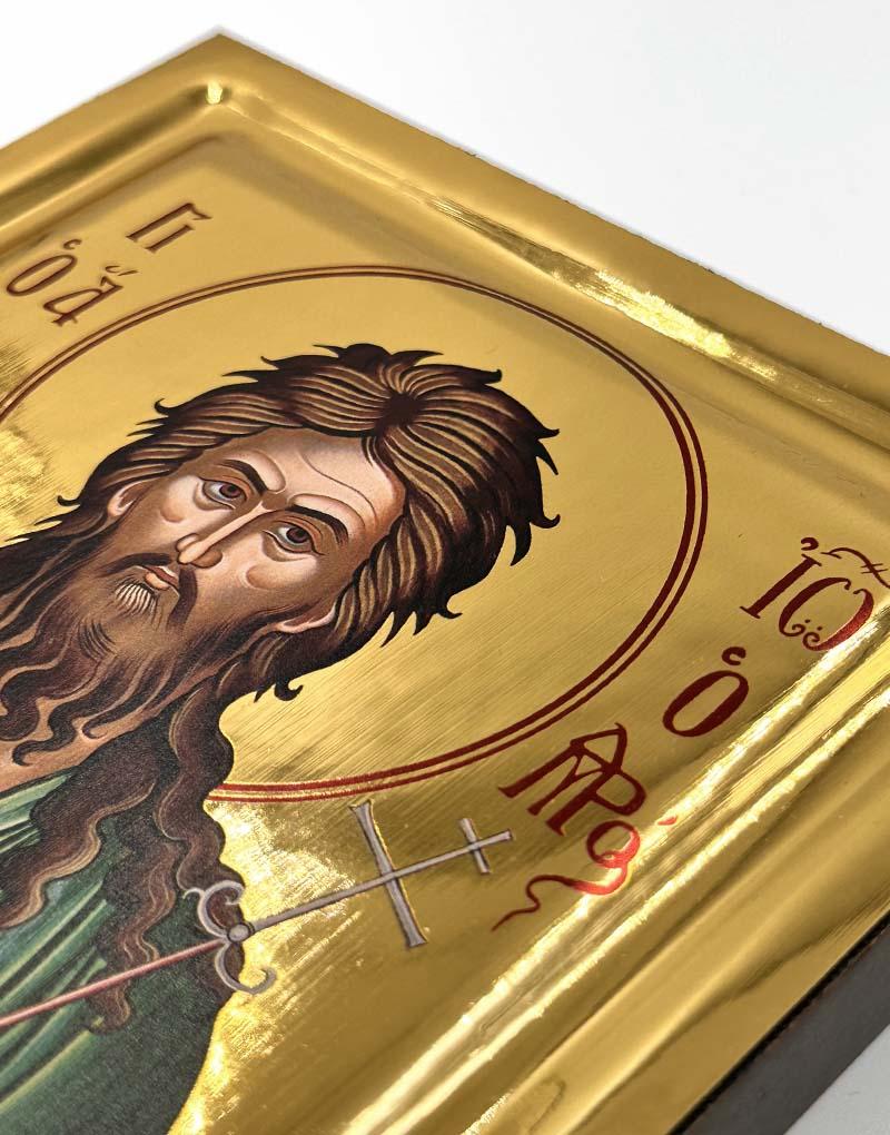 Saint John the Forerunner handmade Greek Orthodox serigraphy icon on engraved wood - TheHolyArt