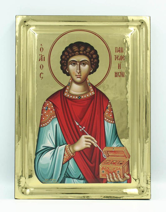 Saint Panteleimon handmade Greek Orthodox serigraphy icon on engraved wood - TheHolyArt
