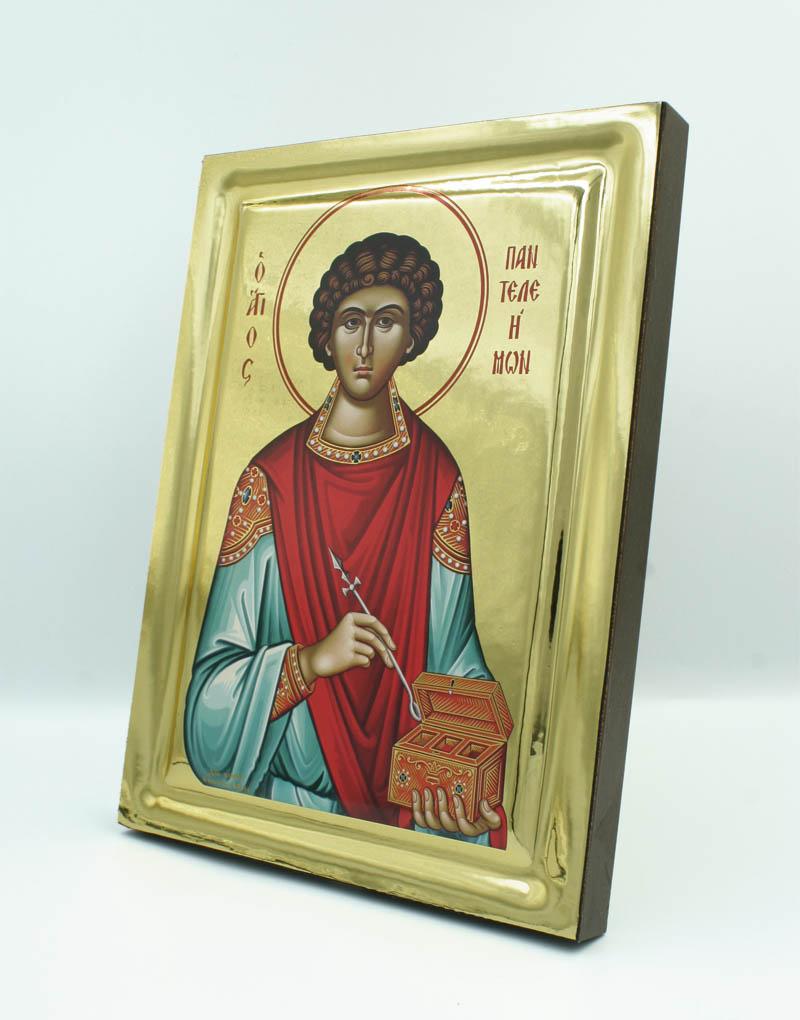 Saint Panteleimon handmade Greek Orthodox serigraphy icon on engraved wood - TheHolyArt
