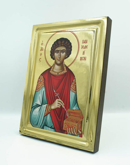 Saint Panteleimon handmade Greek Orthodox serigraphy icon on engraved wood - TheHolyArt