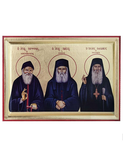Saint Porphyrios, Saint Paisios and Saint Iakovos Tsalikis Serigraphy Icon - Engraved Wood