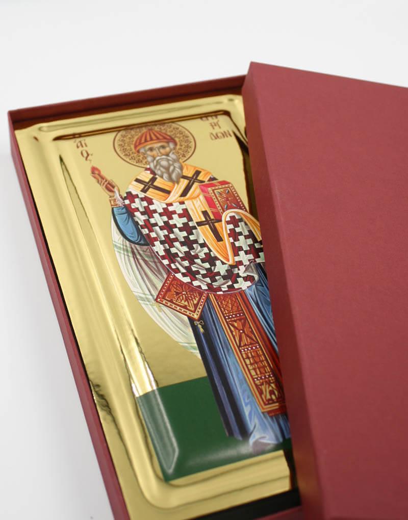 Saint Spyridon handmade Greek Orthodox serigraphy icon on engraved wood - TheHolyArt