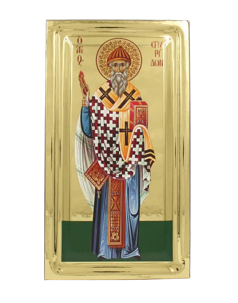 Saint Spyridon handmade Greek Orthodox serigraphy icon on engraved wood - TheHolyArt