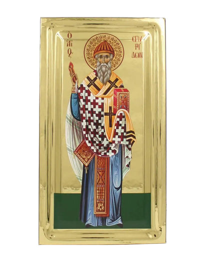 Saint Spyridon handmade Greek Orthodox serigraphy icon on engraved wood - TheHolyArt