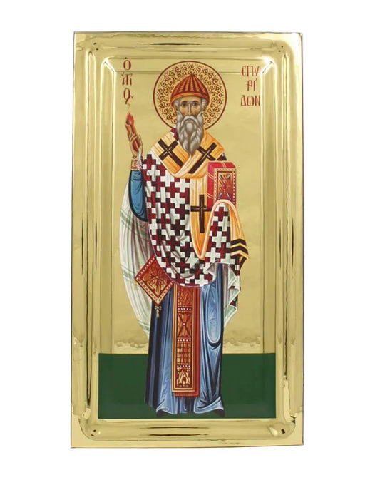 Saint Spyridon handmade Greek Orthodox serigraphy icon on engraved wood - TheHolyArt