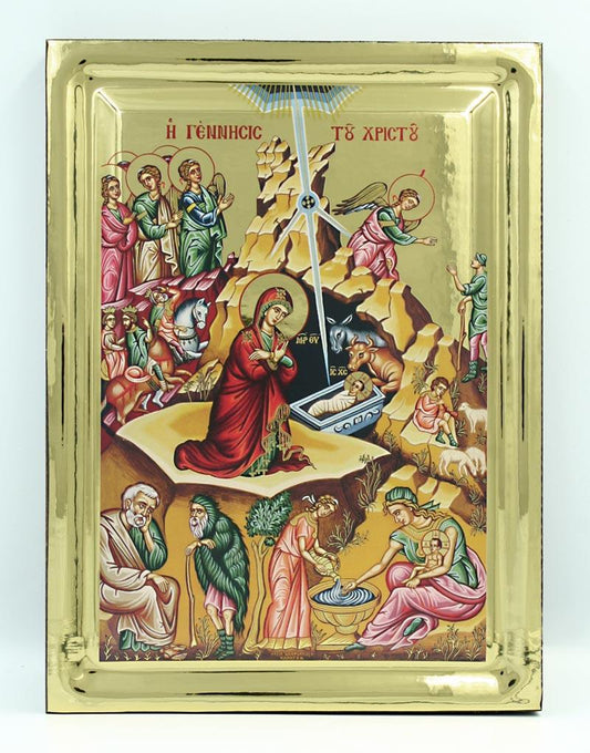 The Nativity of Christ handmade Greek Orthodox serigraphy icon on engraved wood - TheHolyArt