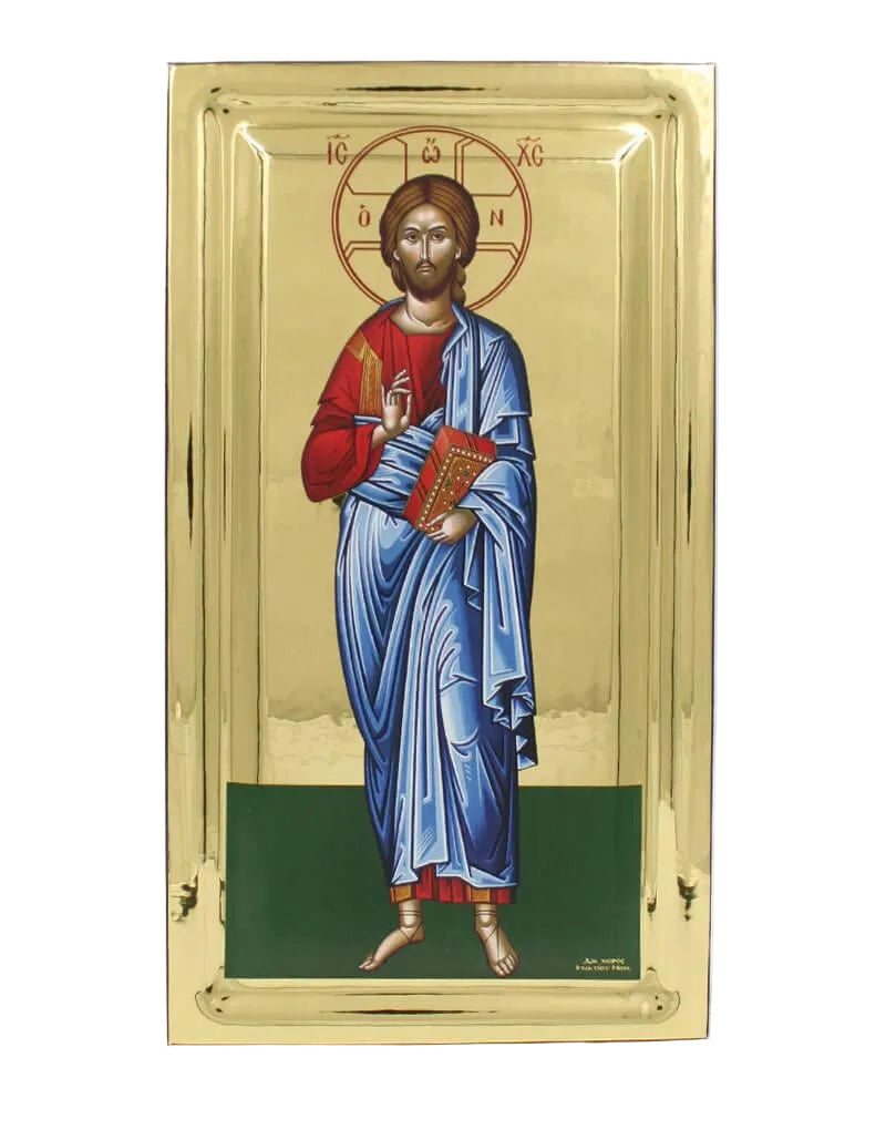 Jesus Christ Blessing handmade Greek Orthodox serigraphy icon on engraved wood - TheHolyArt