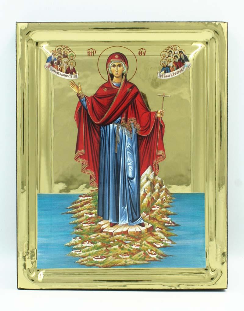 Virgin Mary Athonitissa handmade Greek Orthodox serigraphy icon on engraved wood - TheHolyArt