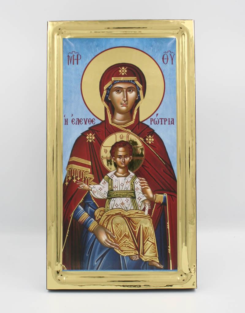 Virgin Mary Eleftherotria handmade Greek Orthodox serigraphy icon on engraved wood - TheHolyArt
