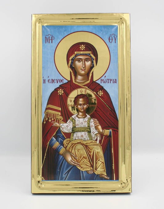 Virgin Mary Eleftherotria handmade Greek Orthodox serigraphy icon on engraved wood - TheHolyArt