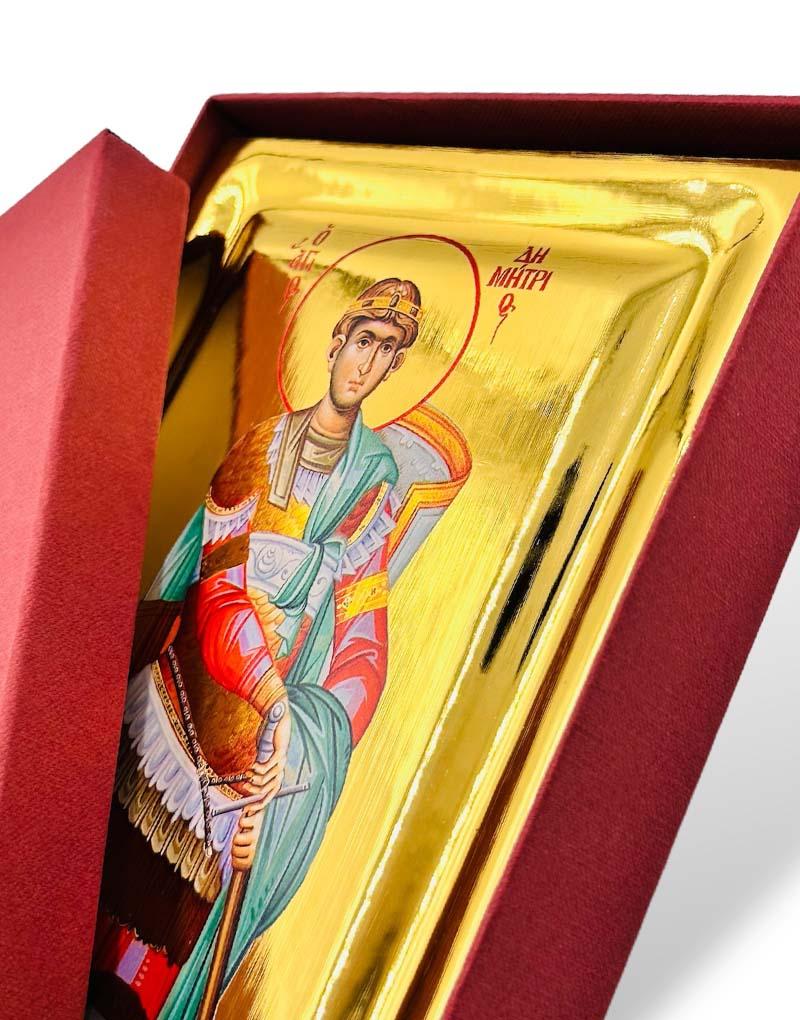 Saint Demetrios handmade Greek Orthodox serigraphy icon on engraved wood - TheHolyArt