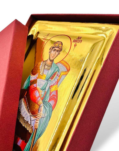 Saint Demetrios handmade Greek Orthodox serigraphy icon on engraved wood - TheHolyArt