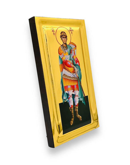 Saint Demetrios handmade Greek Orthodox serigraphy icon on engraved wood - TheHolyArt