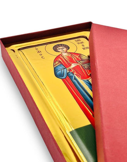 Saint Panteleimon handmade Greek Orthodox serigraphy icon on engraved wood - TheHolyArt