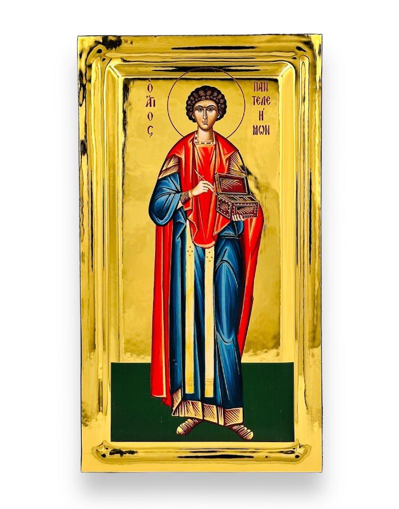 Saint Panteleimon handmade Greek Orthodox serigraphy icon on engraved wood - TheHolyArt