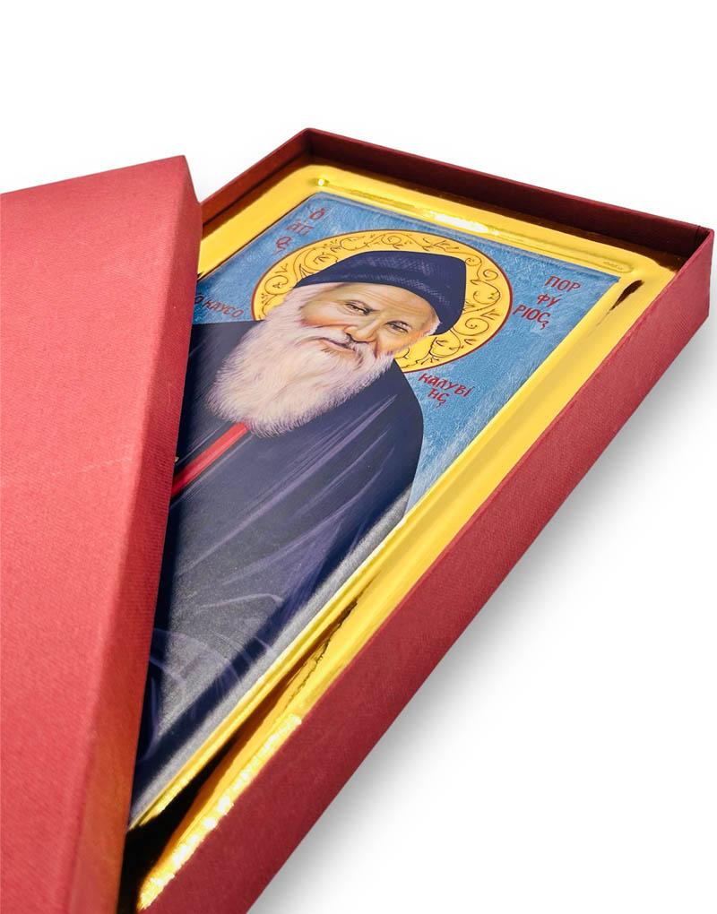 Saint Porphyrios Kafsokalyvitis handmade Greek Orthodox serigraphy icon on engraved wood - TheHolyArt