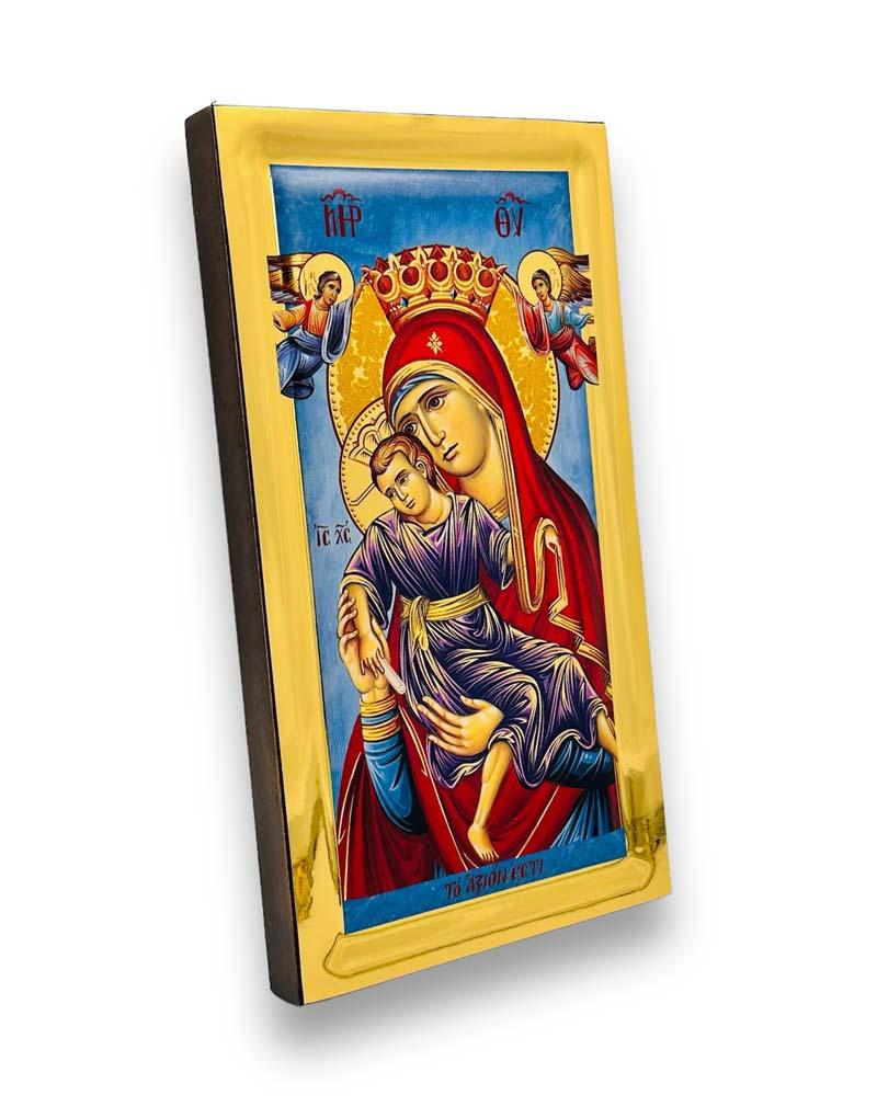 Virgin Mary Axion Estin handmade Greek Orthodox serigraphy icon on engraved wood - TheHolyArt