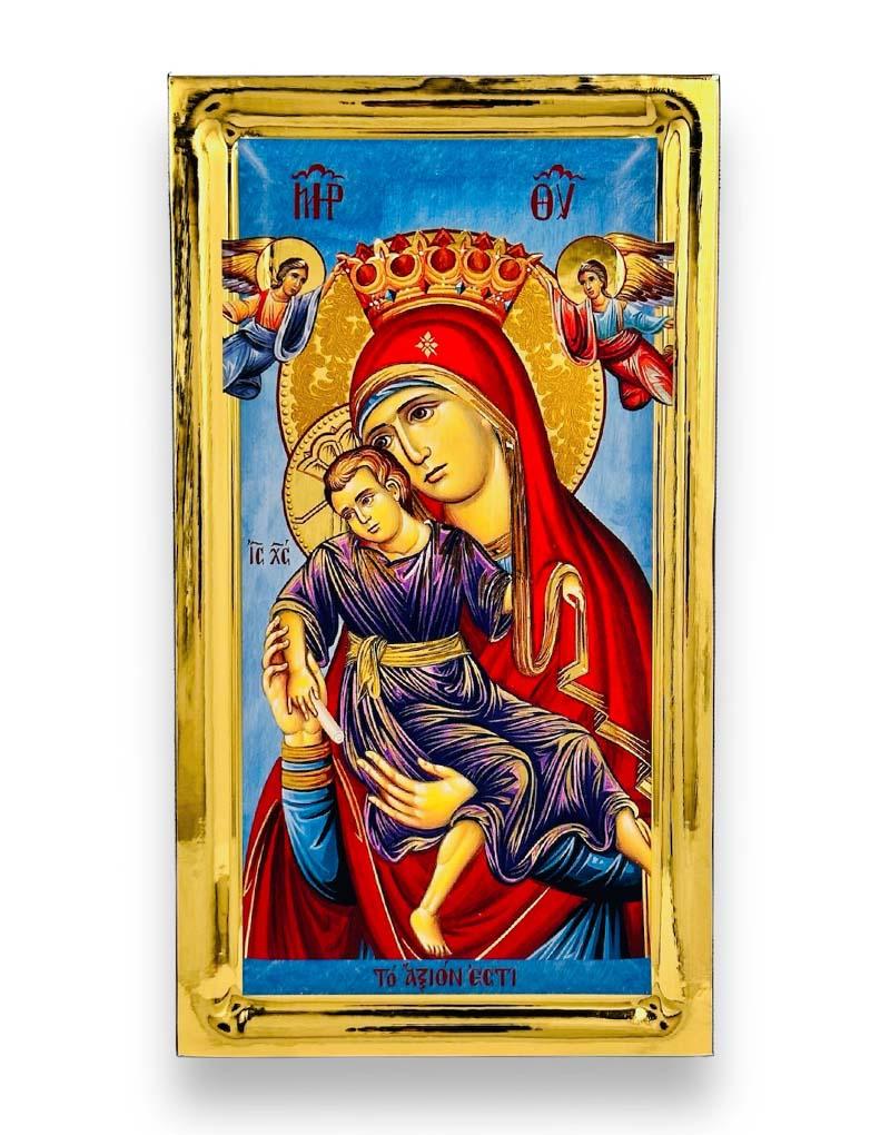 Virgin Mary Axion Estin handmade Greek Orthodox serigraphy icon on engraved wood - TheHolyArt