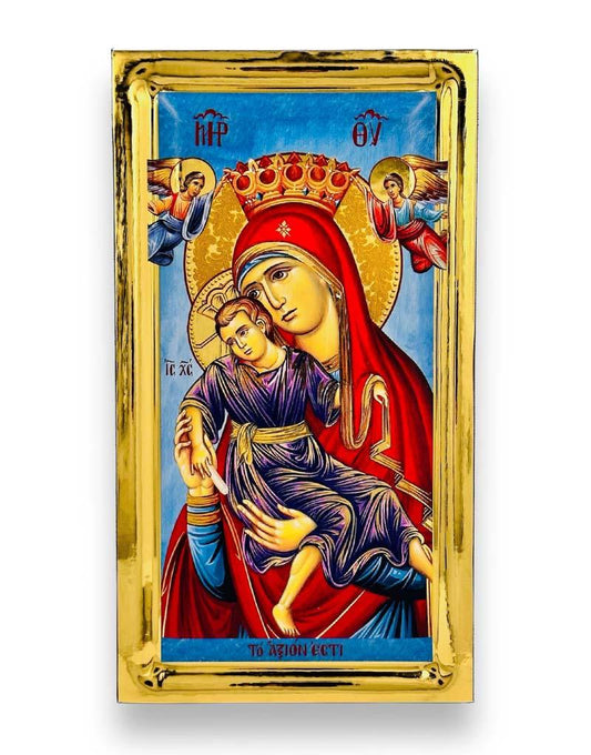 Virgin Mary Axion Estin handmade Greek Orthodox serigraphy icon on engraved wood - TheHolyArt