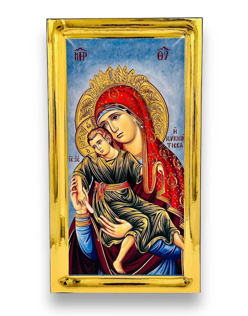 Virgin Mary of Kykkos handmade Greek Orthodox serigraphy icon on engraved wood - TheHolyArt