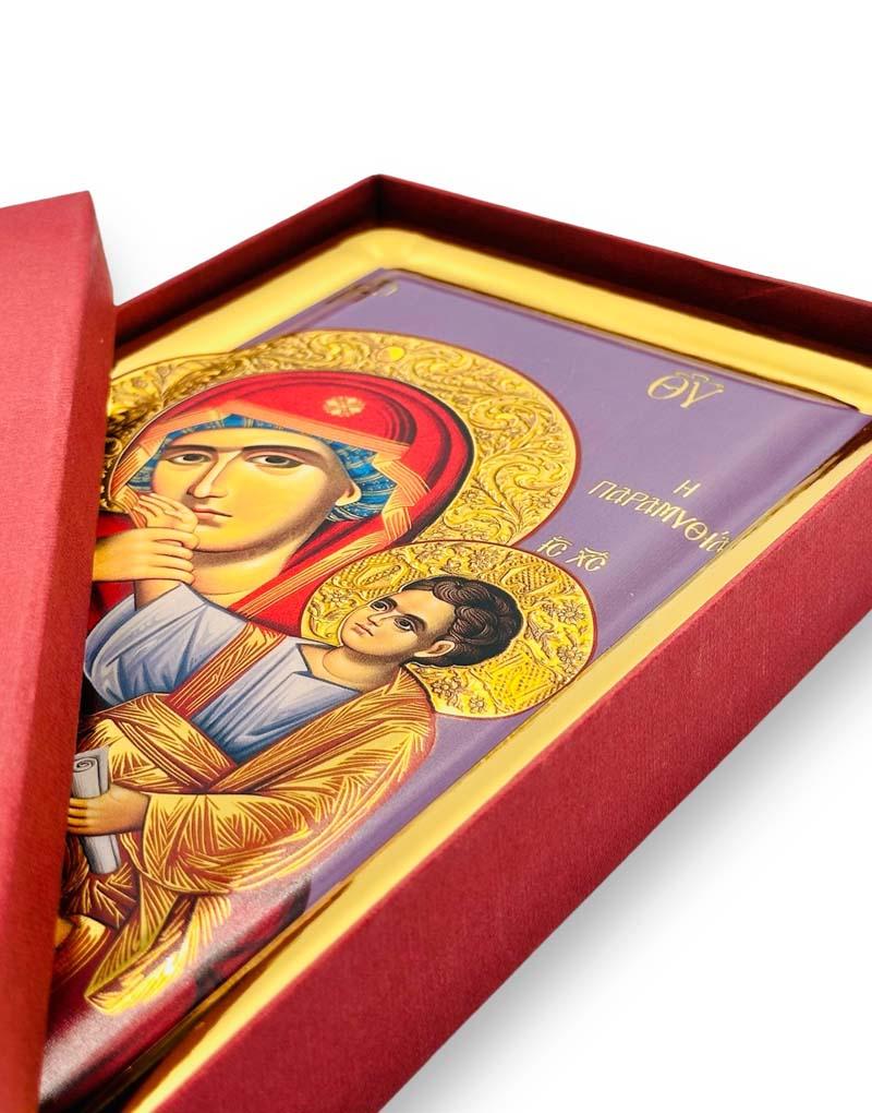 Virgin Mary Paramythia handmade Greek Orthodox serigraphy icon on engraved wood - TheHolyArt
