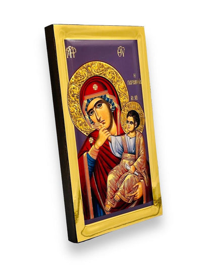 Virgin Mary Paramythia handmade Greek Orthodox serigraphy icon on engraved wood - TheHolyArt