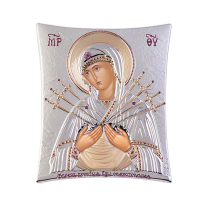 Virgin Mary icon Panagia of Seven Swords, Elegant Handmade Silver 925 Greek Orthodox icon, Byzantine art wall hanging on wood plaque icon, religious icon home decor - TheHolyArt