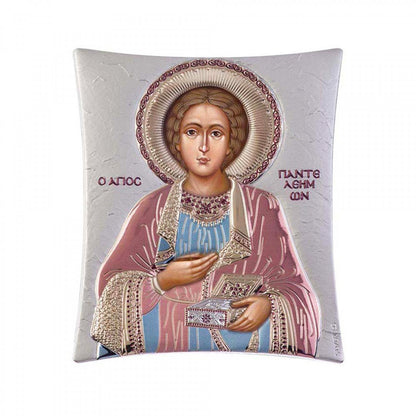 Saint Panteleimon icon, Handmade Silver 925 Greek Orthodox icon St Pantaleon, Byzantine art wall hanging on wood plaque religious icon gift - TheHolyArt