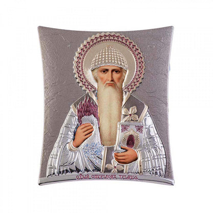 Saint Spyridon icon, Handmade Silver 925 Greek Orthodox icon of St Spyridon Trimythous, Byzantine art wall hanging on wood religious plaque (TH2) - TheHolyArt