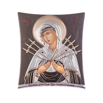 Virgin Mary icon Panagia of Seven Swords, Elegant Handmade Silver 925 Greek Orthodox icon, Byzantine art wall hanging on wood plaque icon, religious icon home decor - TheHolyArt