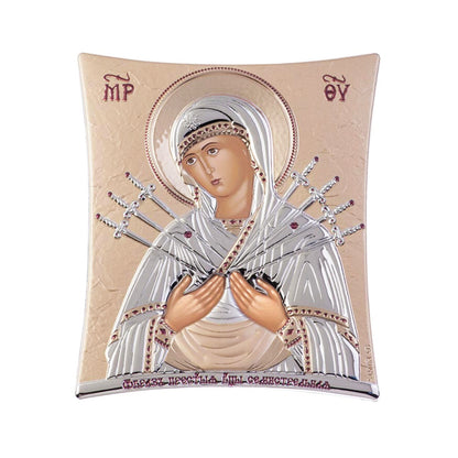 Virgin Mary icon Panagia of Seven Swords, Elegant Handmade Silver 925 Greek Orthodox icon, Byzantine art wall hanging on wood plaque icon, religious icon home decor - TheHolyArt
