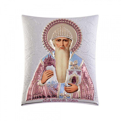 Saint Spyridon icon, Handmade Silver 925 Greek Orthodox icon of St Spyridon Trimythous, Byzantine art wall hanging on wood religious plaque (TH2) - TheHolyArt