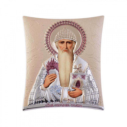 Saint Spyridon icon, Handmade Silver 925 Greek Orthodox icon of St Spyridon Trimythous, Byzantine art wall hanging on wood religious plaque (TH2) - TheHolyArt