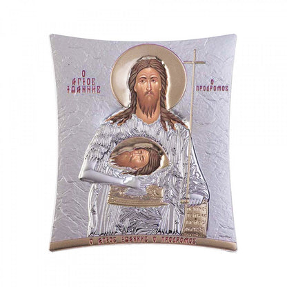 Saint John icon, Handmade Silver 925 Greek Orthodox icon of St John Baptist Forerunner, Byzantine art wall hanging on wood religious plaque - TheHolyArt