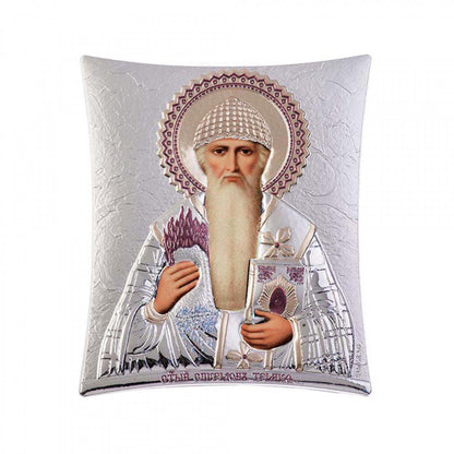 Saint Spyridon icon, Handmade Silver 925 Greek Orthodox icon of St Spyridon Trimythous, Byzantine art wall hanging on wood religious plaque (TH2) - TheHolyArt