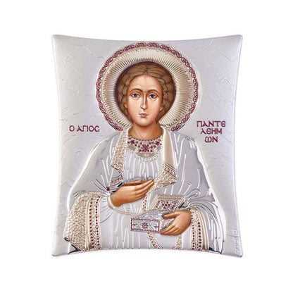 Saint Panteleimon icon, Handmade Silver 925 Greek Orthodox icon St Pantaleon, Byzantine art wall hanging on wood plaque religious icon gift - TheHolyArt