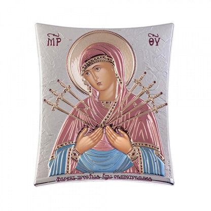 Virgin Mary icon Panagia of Seven Swords, Elegant Handmade Silver 925 Greek Orthodox icon, Byzantine art wall hanging on wood plaque icon, religious icon home decor - TheHolyArt