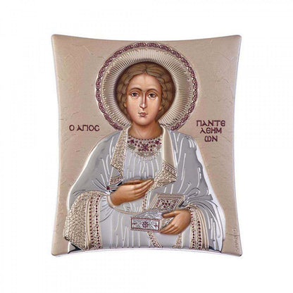 Saint Panteleimon icon, Handmade Silver 925 Greek Orthodox icon St Pantaleon, Byzantine art wall hanging on wood plaque religious icon gift - TheHolyArt