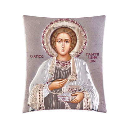 Saint Panteleimon icon, Handmade Silver 925 Greek Orthodox icon St Pantaleon, Byzantine art wall hanging on wood plaque religious icon gift - TheHolyArt
