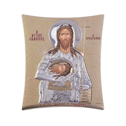 Saint John icon, Handmade Silver 925 Greek Orthodox icon of St John Baptist Forerunner, Byzantine art wall hanging on wood religious plaque - TheHolyArt